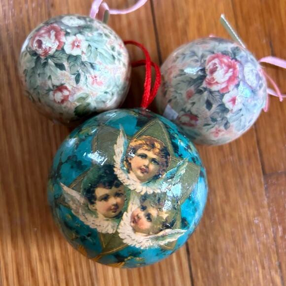 Vintage Decoupage Christmas Ball Ornament Set of 3 - Paper Mache Angel & Roses - Picture 7 of 14